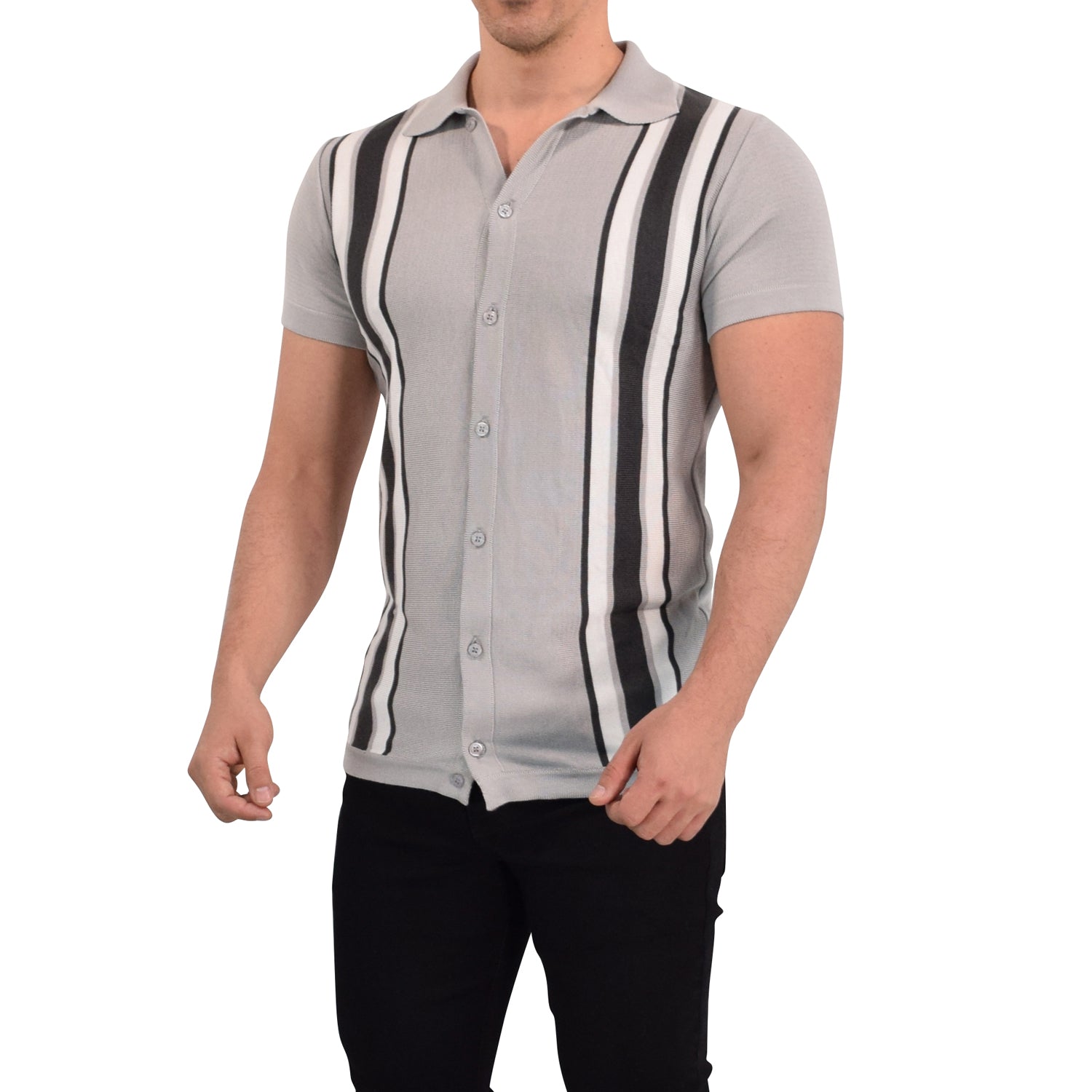Retro Knitted Shirt Gray Black Stripe