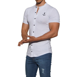 Grandad Jersey Shirt White Logo Black Short Sleeve