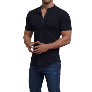Grandad Jersey Shirt Black Logo Black Short Sleeve