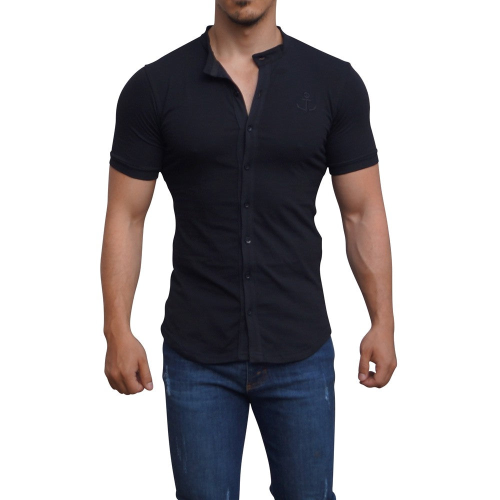Grandad Jersey Shirt Black Logo Black Short Sleeve