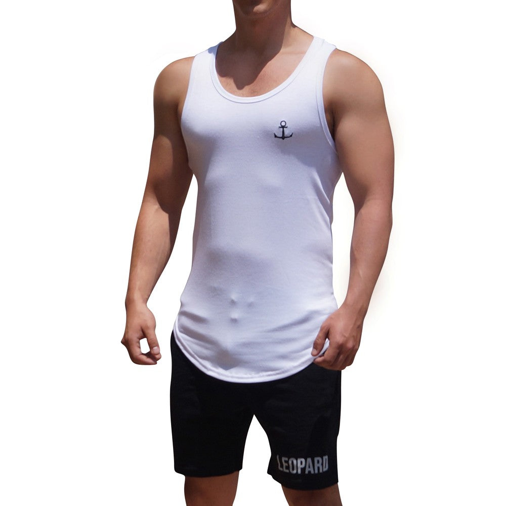 Gym Core Tank White Embroidered Black Anchor