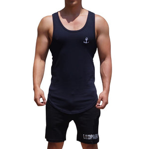 Gym Core Tank Navy Embroidered White Anchor
