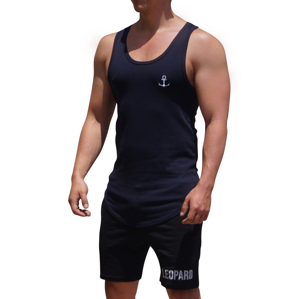 Gym Core Tank Navy Embroidered White Anchor
