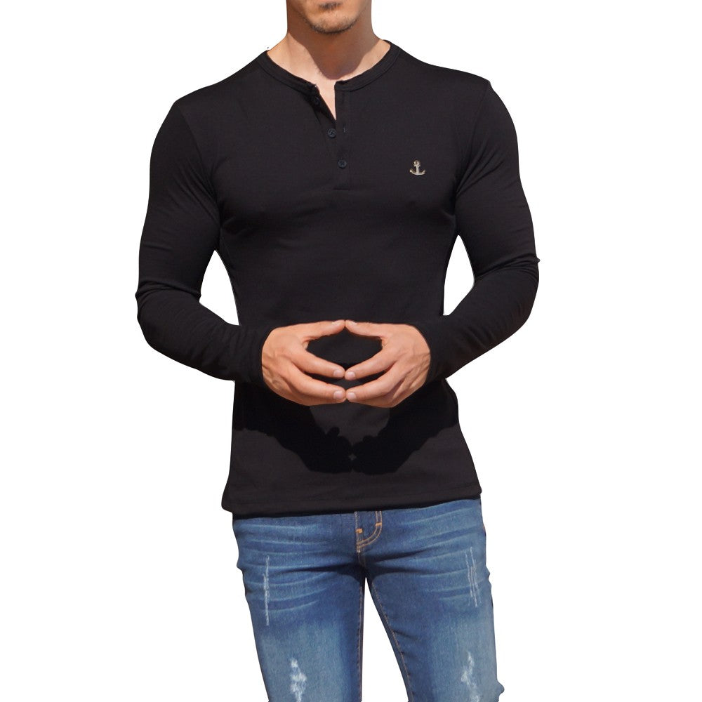 Metal Emblem Long Sleeve Henley T-Shirt Black