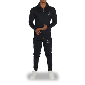 Elite Track Suit Pants Negro Franja Negra Logo Plata
