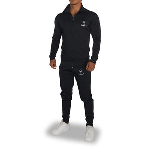 Elite Track Suit Pants Negro Franja Negra Logo Plata