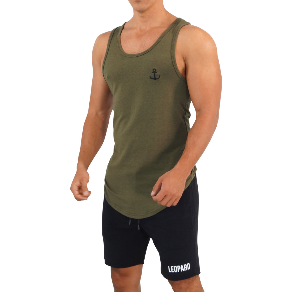 Gym Core Tank Military Green Embroidered Black Anchor